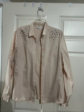New York & Company Blush Button-Up Shirt with Shoulder Embellishments